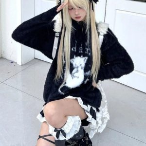 Gothic Angel Fuzzy Sweater - Cute 2000s Outfits & Y2K Fashion Inspiration