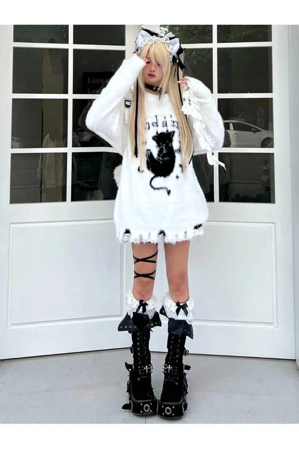 Gothic Angel Fuzzy Sweater - Cute 2000s Outfits & Y2K Fashion Inspiration