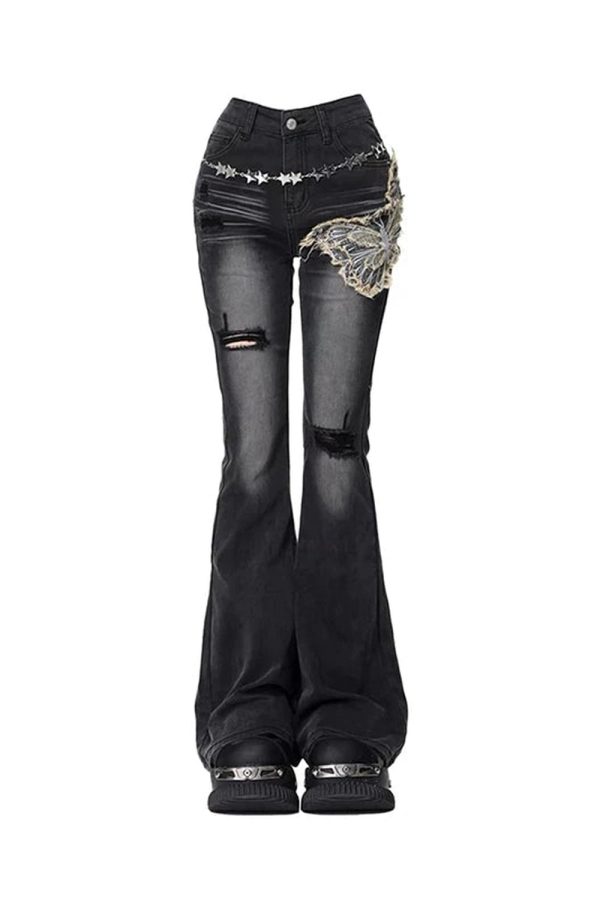 Gothic Butterfly Distressed Flare Jeans: Trendy Outfit Ideas & Fashion Fits