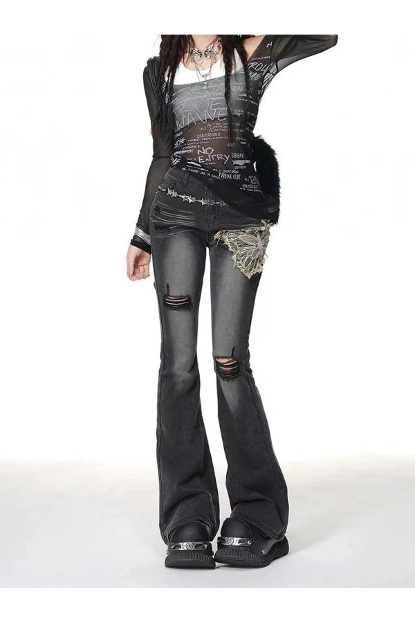 Gothic Butterfly Distressed Flare Jeans: Trendy Outfit Ideas & Fashion Fits