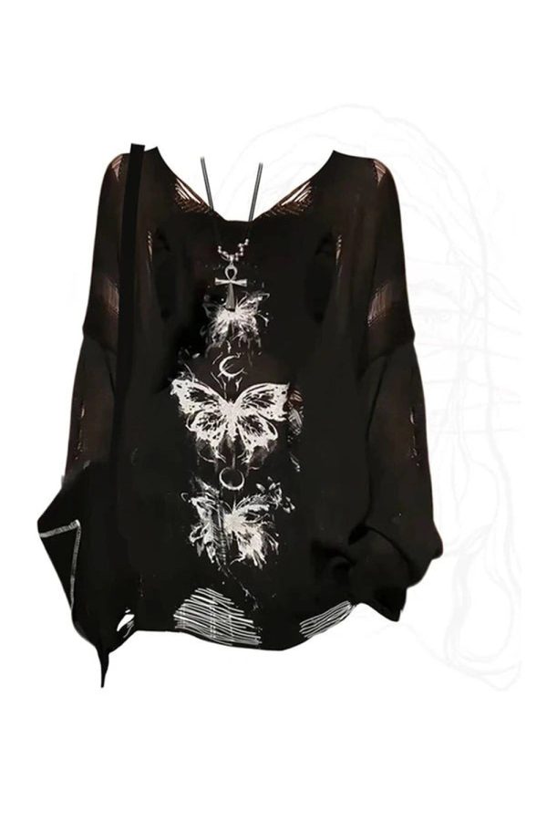 Gothic Butterfly Distressed Sweater: Trendy Outfit Ideas for Every Occasion