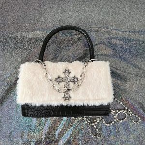 Gothic Cross Faux Fur Shoulder Bag: Perfect for Concerts & Casual Outfits