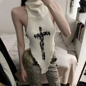 Gothic Cross Halter Knit Top: Trendy Outfit Ideas for Concerts & Nights Out