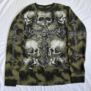 Gothic Cross & Skull Print Long Sleeve Top: Edgy Outfit Ideas & Fashion