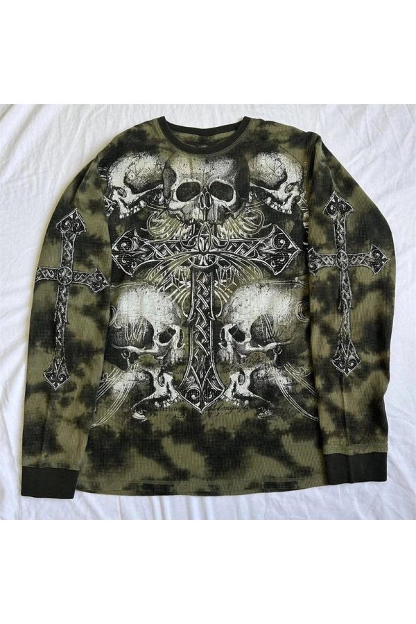 Gothic Cross & Skull Print Long Sleeve Top: Edgy Outfit Ideas & Fashion