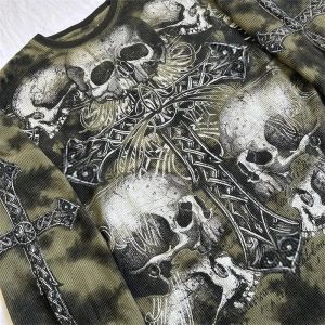 Gothic Cross & Skull Print Long Sleeve Top: Edgy Outfit Ideas & Fashion