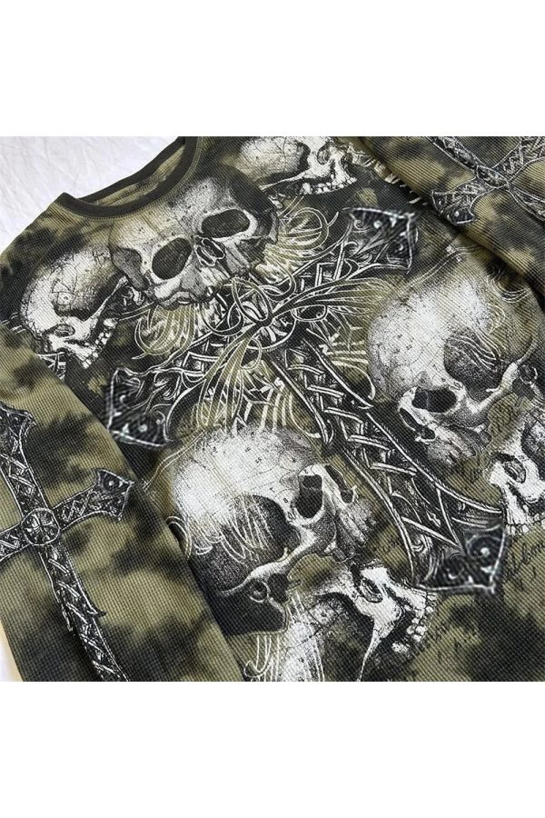 Gothic Cross & Skull Print Long Sleeve Top: Edgy Outfit Ideas & Fashion