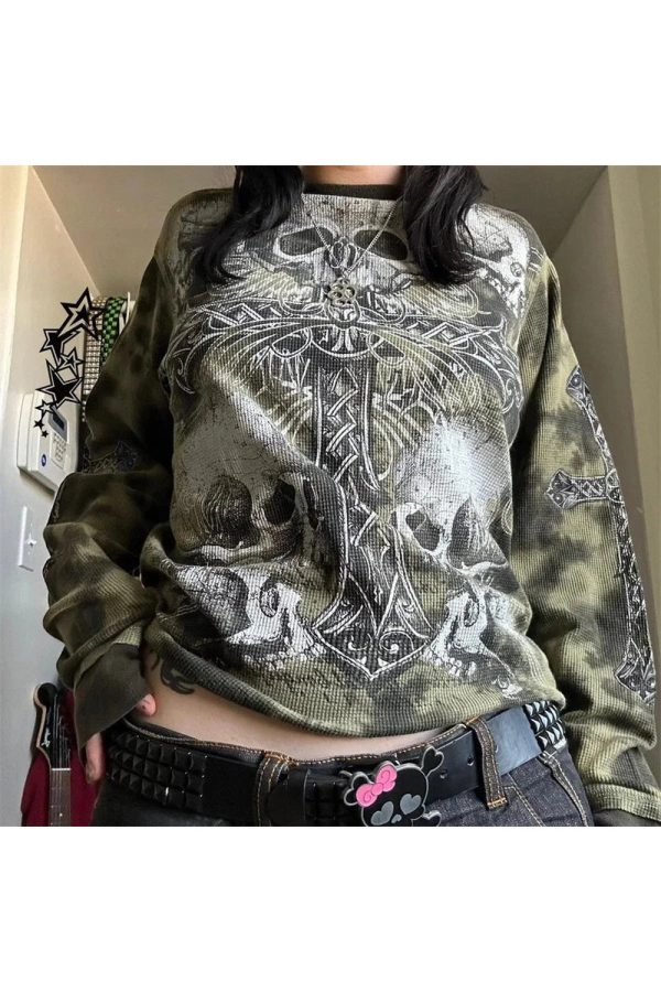 Gothic Cross & Skull Print Long Sleeve Top: Edgy Outfit Ideas & Fashion