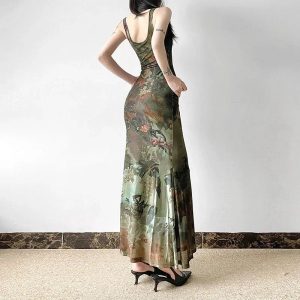 Gothic Forest Print Maxi Dress: Perfect for Concerts, Dates & Spring Outfits