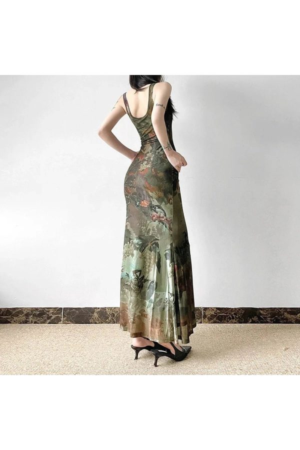 Gothic Forest Print Maxi Dress: Perfect for Concerts, Dates & Spring Outfits