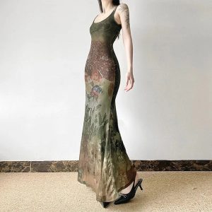 Gothic Forest Print Maxi Dress: Perfect for Concerts, Dates & Spring Outfits