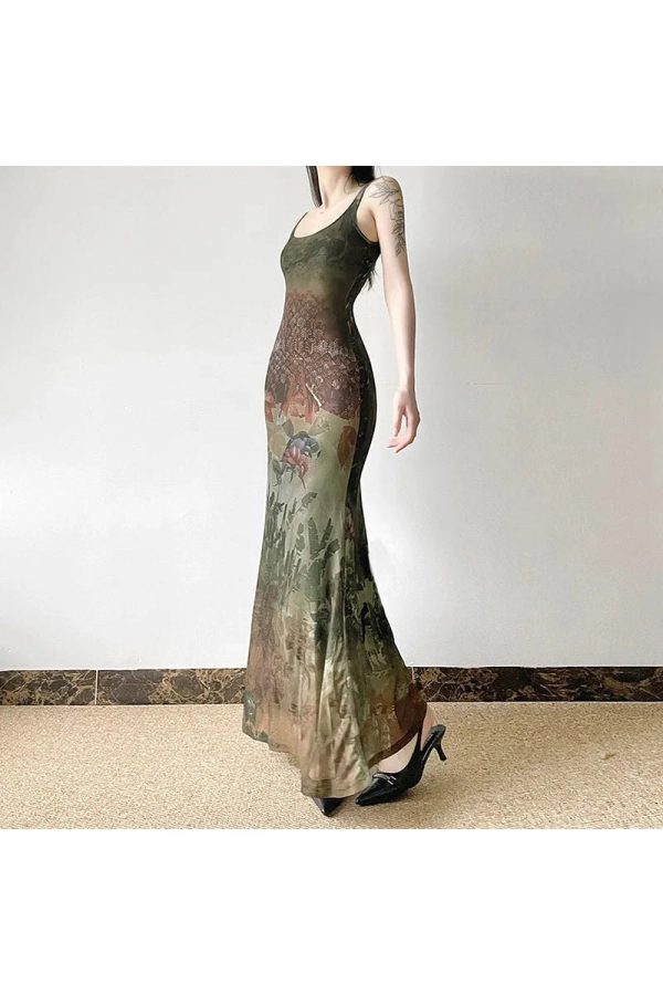 Gothic Forest Print Maxi Dress: Perfect for Concerts, Dates & Spring Outfits