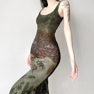 Gothic Forest Print Maxi Dress: Perfect for Concerts, Dates & Spring Outfits