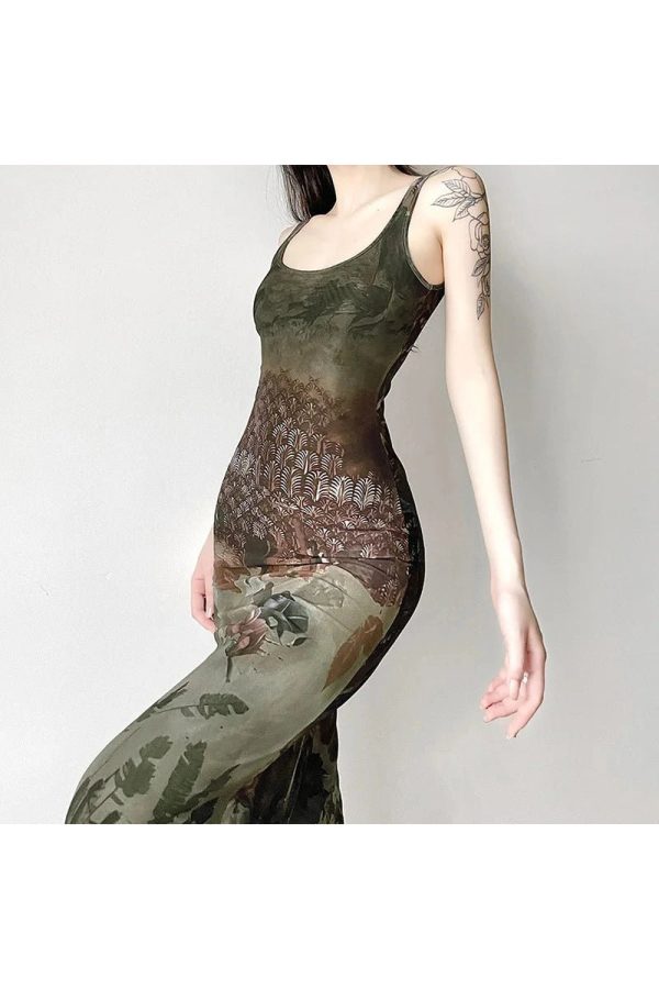 Gothic Forest Print Maxi Dress: Perfect for Concerts, Dates & Spring Outfits