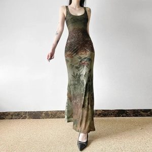 Gothic Forest Print Maxi Dress: Perfect for Concerts, Dates & Spring Outfits