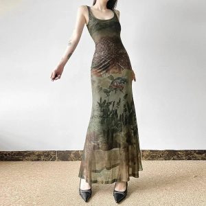 Gothic Forest Print Maxi Dress: Perfect for Concerts, Dates & Spring Outfits