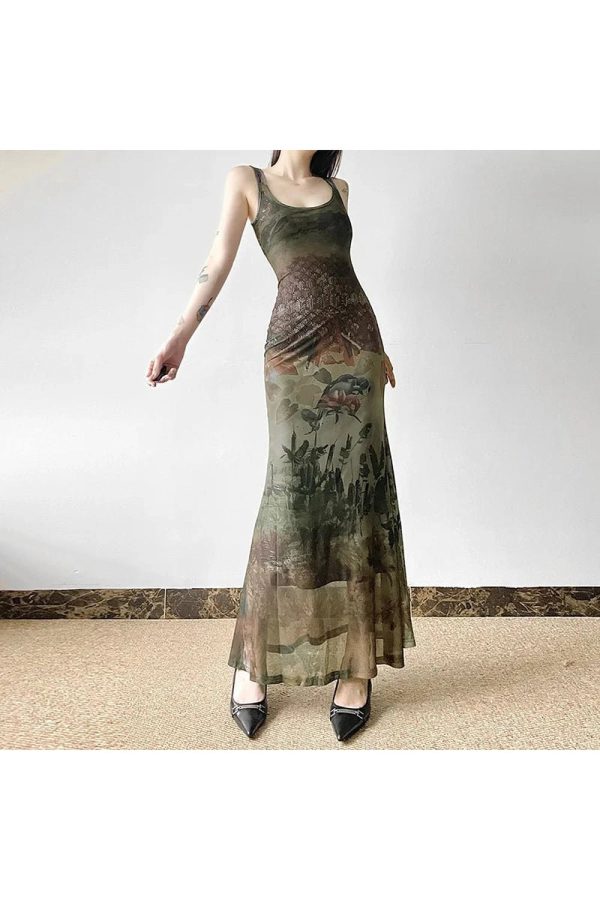 Gothic Forest Print Maxi Dress: Perfect for Concerts, Dates & Spring Outfits