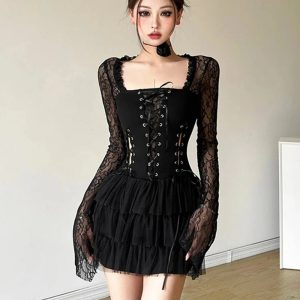 Gothic Lace Tiered Mini Dress: Perfect for Concerts, Date Nights