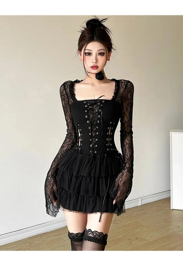 Gothic Lace Tiered Mini Dress: Perfect for Concerts, Date Nights