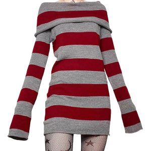 Gothic Striped Off-Shoulder Dress: Perfect for Concerts & Date Nights