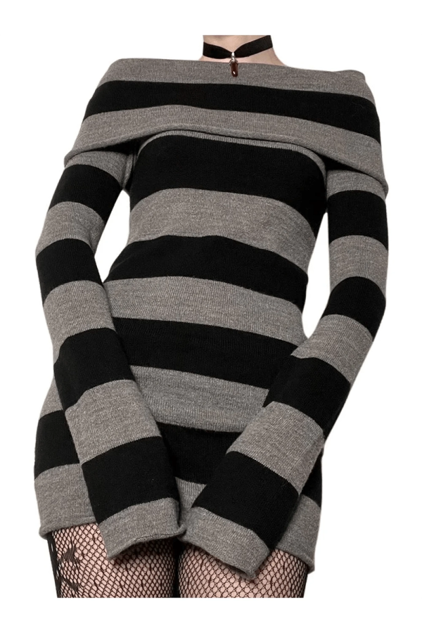 Gothic Striped Off-Shoulder Dress: Perfect for Concerts & Date Nights