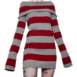 Gothic Striped Off-Shoulder Dress: Perfect for Concerts & Date Nights