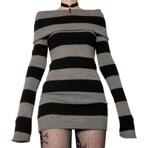 Gothic Striped Off-Shoulder Dress: Perfect for Concerts & Date Nights