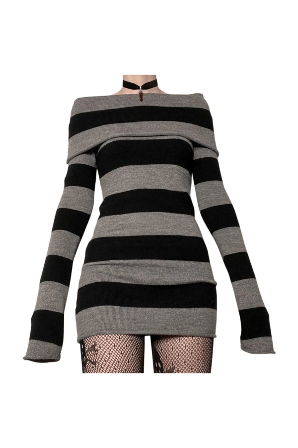 Gothic Striped Off-Shoulder Dress: Perfect for Concerts & Date Nights