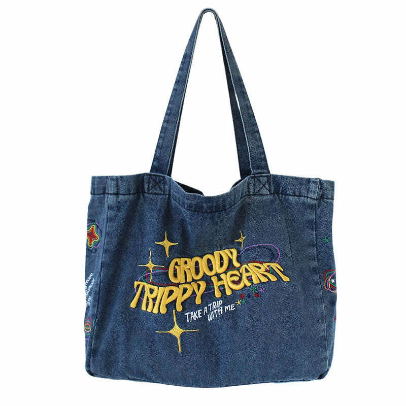 Groovy Trippy Heart Blue Denim Bag: Perfect for Concerts & Casual Outfits