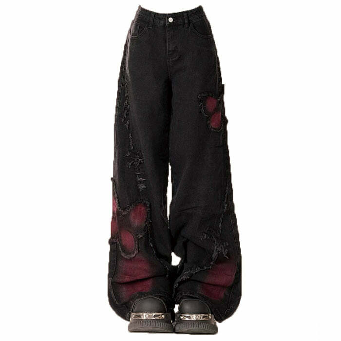 Grunge Aesthetic Black & Red Butterfly Jeans: Trendy Outfit Ideas & Styles