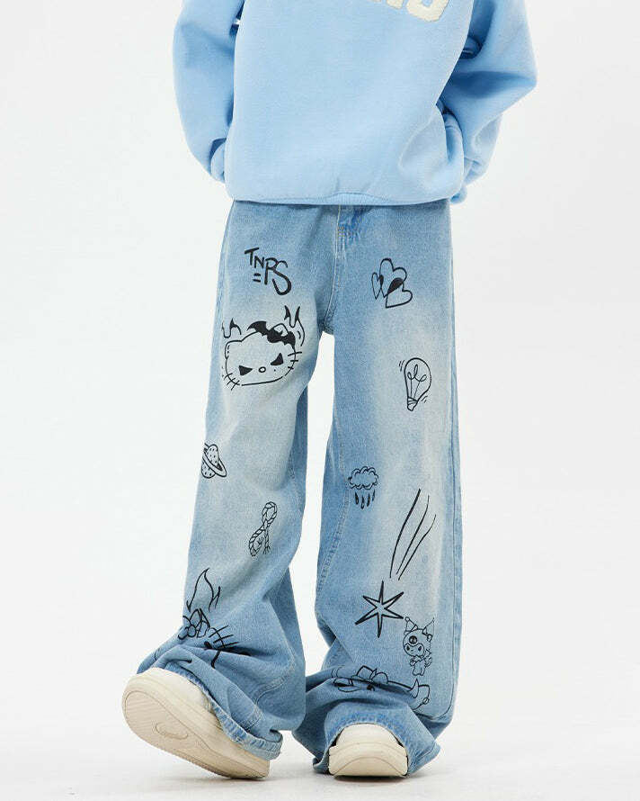 Grunge Aesthetic Blue Cat Jeans: Perfect for Casual Outfits & Concerts