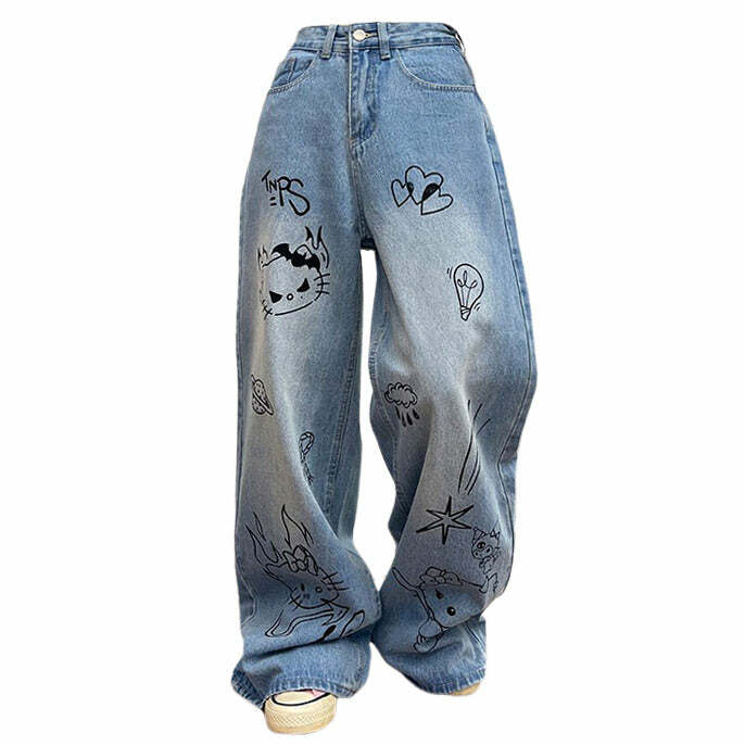 Grunge Aesthetic Blue Cat Jeans: Perfect for Casual Outfits & Concerts