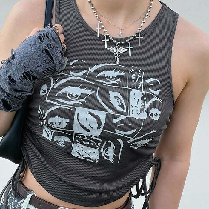 Grunge Aesthetic Eyes Print Top: Trendy Outfit Ideas for Every Occasion