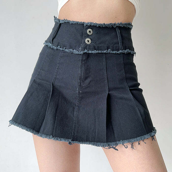 Grunge Denim Pleated Skirt - Cute 2000s Outfits & Y2K Fashion Inspiration