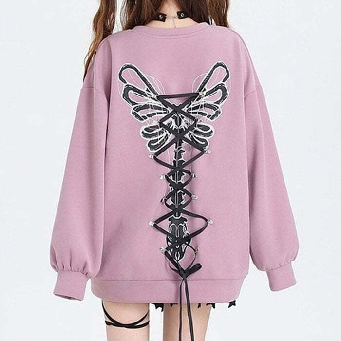 Grunge Lace-Up Butterfly Skeleton Sweatshirt | Y2K 2000s Fashion Outfit