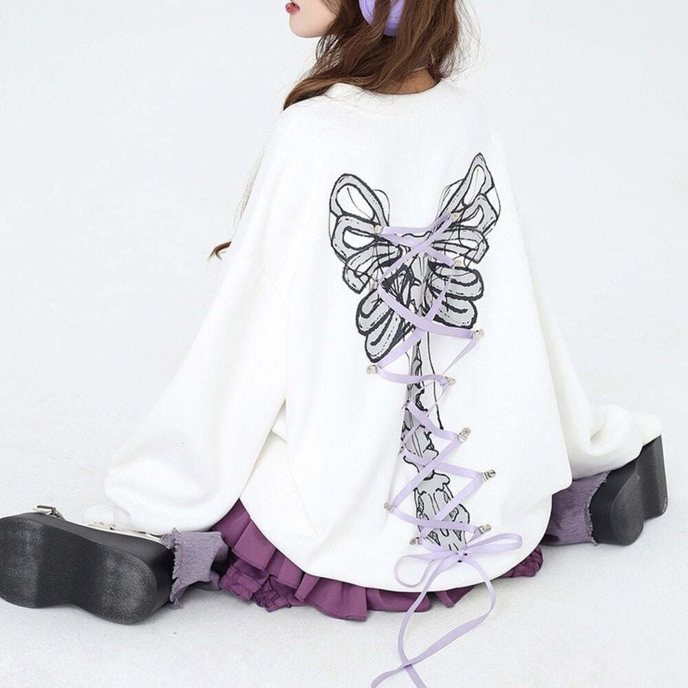 Grunge Lace-Up Butterfly Skeleton Sweatshirt | Y2K 2000s Fashion Outfit