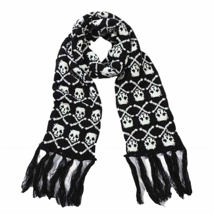 Grunge Skull Knitted Scarf: Perfect for Concert Outfits & Casual Looks