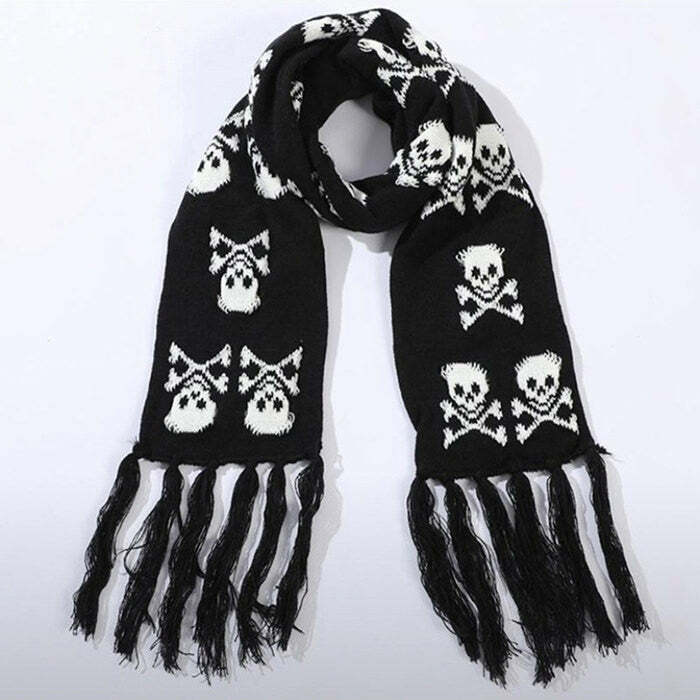 Grunge Skull Knitted Scarf: Perfect for Concert Outfits & Casual Looks