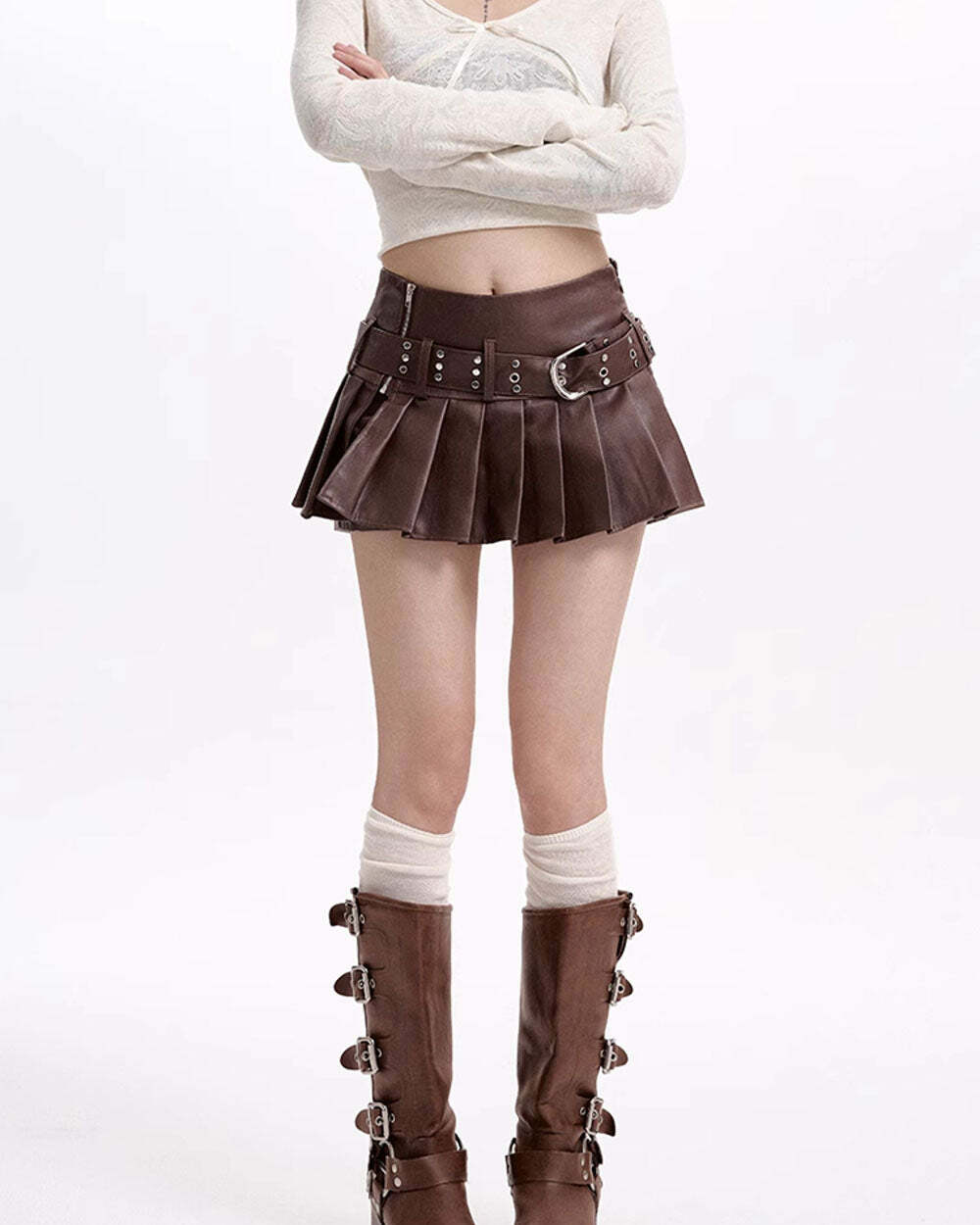 Grunge Sleaze Brown Pleated Leather Skirt - Perfect for Concert Outfits