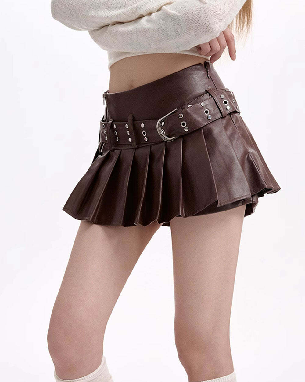 Grunge Sleaze Brown Pleated Leather Skirt - Perfect for Concert Outfits