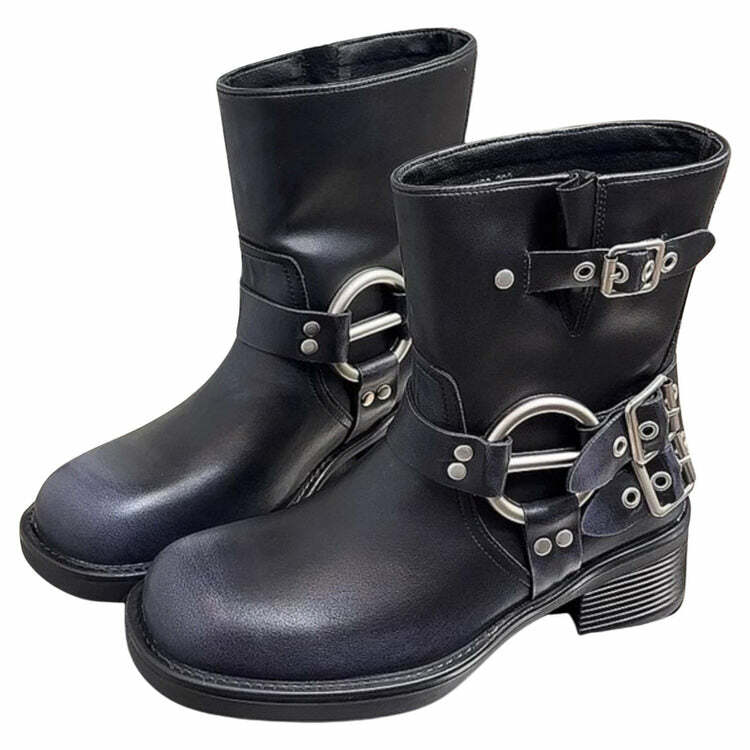 Grunge Sleaze Motorcycle Buckle Boots: Perfect for Concert & Casual Outfits