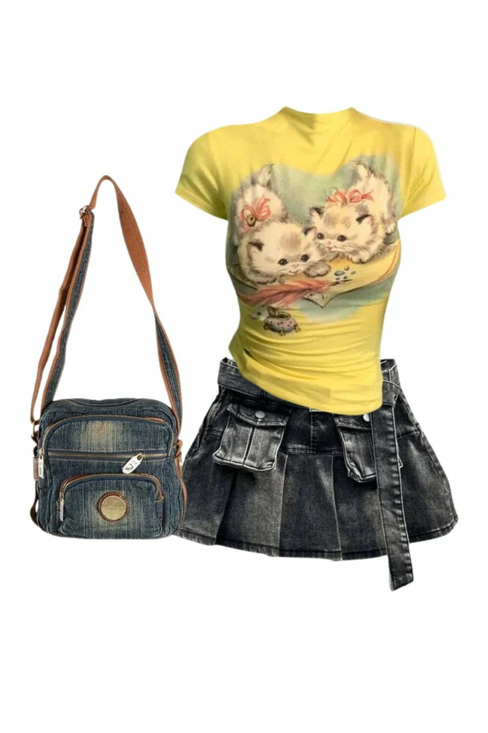 Grunge Utility Pocket Denim Skirt & Vintage Kitten Graphic Top Outfit