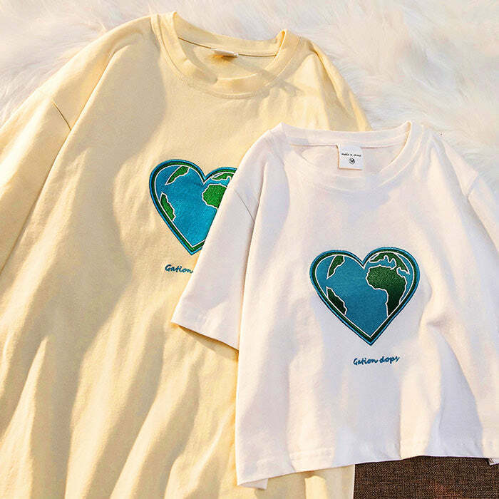 Heart Earth Embroidered Tee: Perfect for Casual Outfits & Concerts