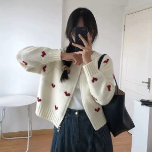 Heart Knit Zip Cardigan - Cute 2000s Outfits, Y2K Fashion Inspiration