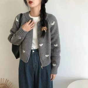 Heart Knit Zip Cardigan - Cute 2000s Outfits, Y2K Fashion Inspiration