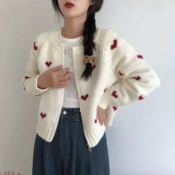 Heart Knit Zip Cardigan - Cute 2000s Outfits, Y2K Fashion Inspiration