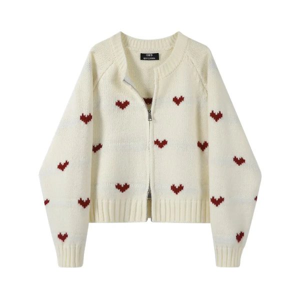 Heart Knit Zip Cardigan - Cute 2000s Outfits, Y2K Fashion Inspiration