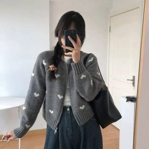 Heart Knit Zip Cardigan - Cute 2000s Outfits, Y2K Fashion Inspiration