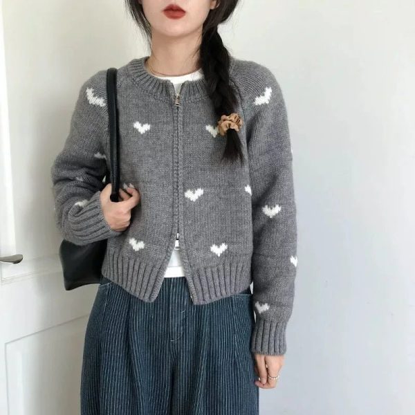 Heart Knit Zip Cardigan - Cute 2000s Outfits, Y2K Fashion Inspiration