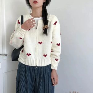 Heart Knit Zip Cardigan - Cute 2000s Outfits, Y2K Fashion Inspiration